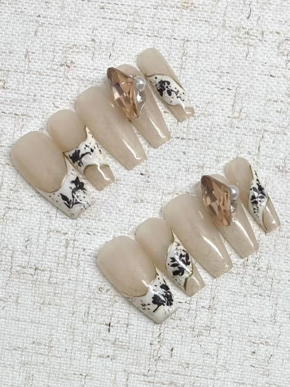 Neutral Beige Floral Press-On Nail Set with Jewel Accent